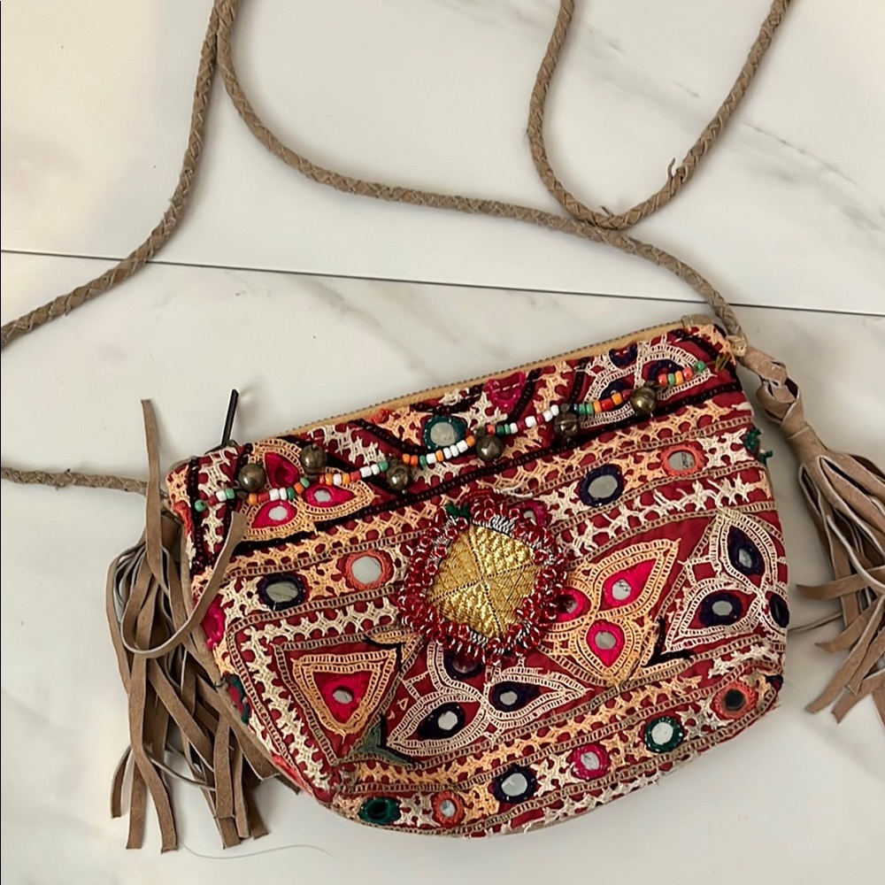 Handmade & Embroidered Leather India Style Crossbody Bag with Tassels